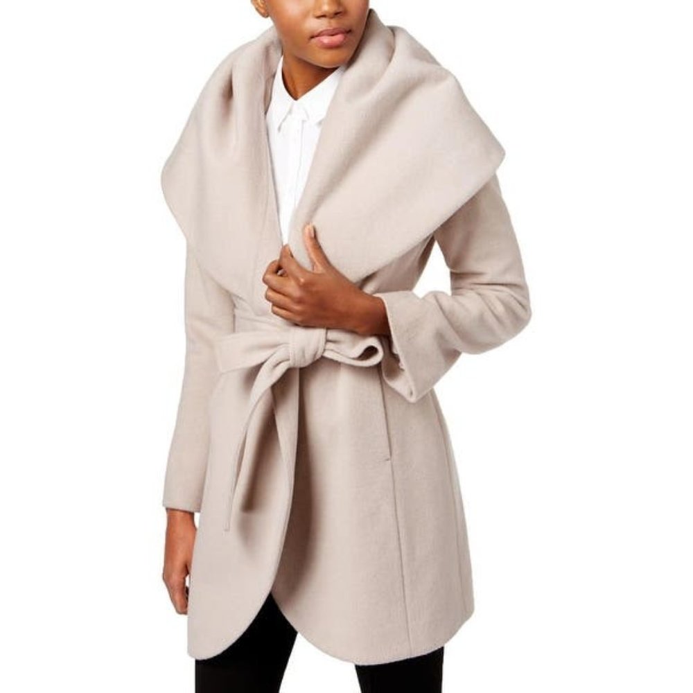 TAHARI Shawl Collar Tie Waist Wool Blend Coat
